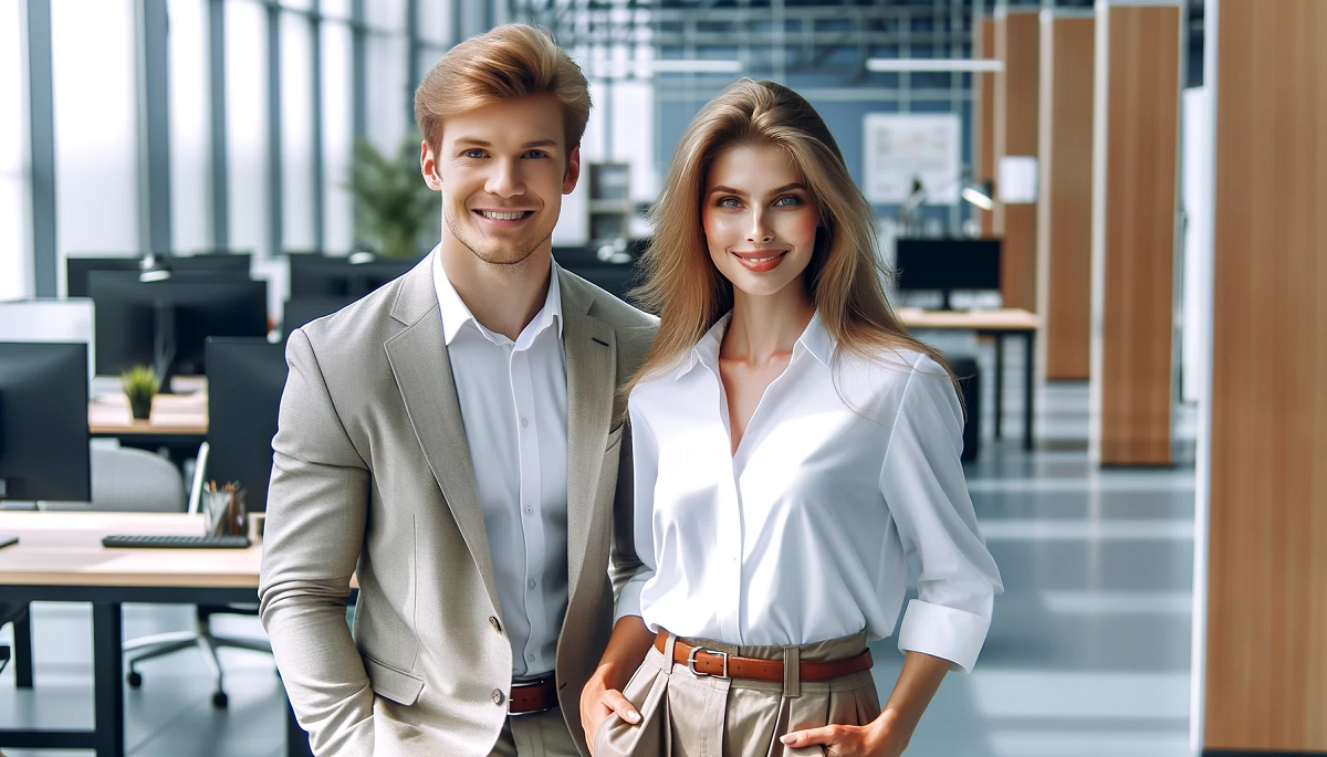 mężczyzna i kobieta w stylizacjach business casual